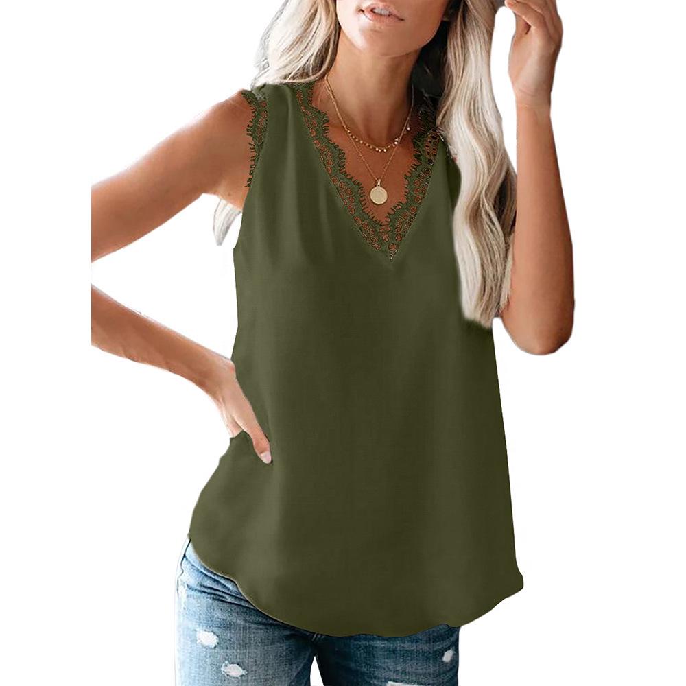 Womens Summer Sleeveless Button Shirts Casual Pure Color V-Neck Tank Tops Ladies Loose T-shirts Lace Blouses