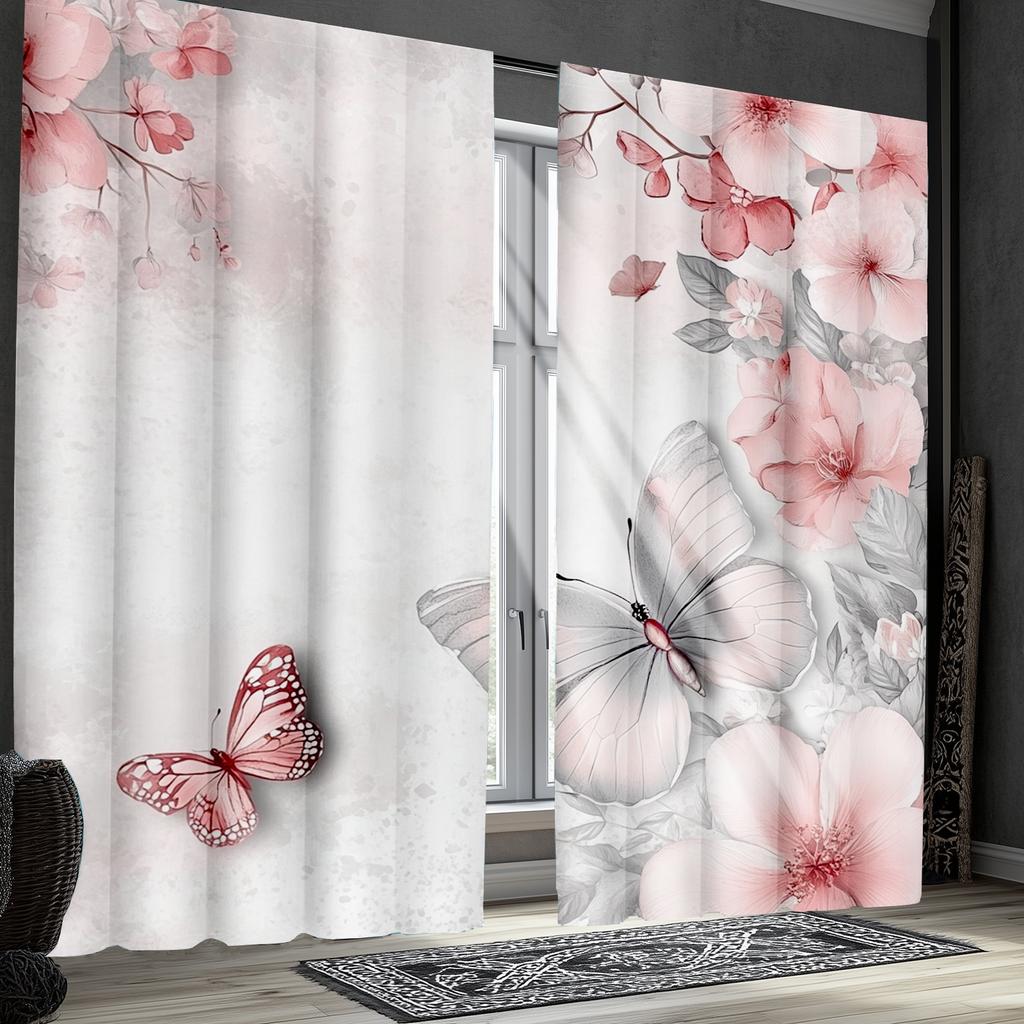 Wildflower Butterfly Print Curtains Polyester Fabric Perfect Bedroom Living Room Decoration Curtain For Made Of Machine Washable