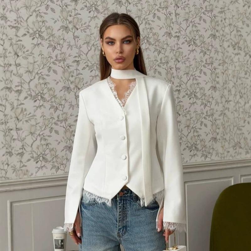 Elegant Lace V Neck Waist Cinched Slim Fit Women Blazer Outerwear