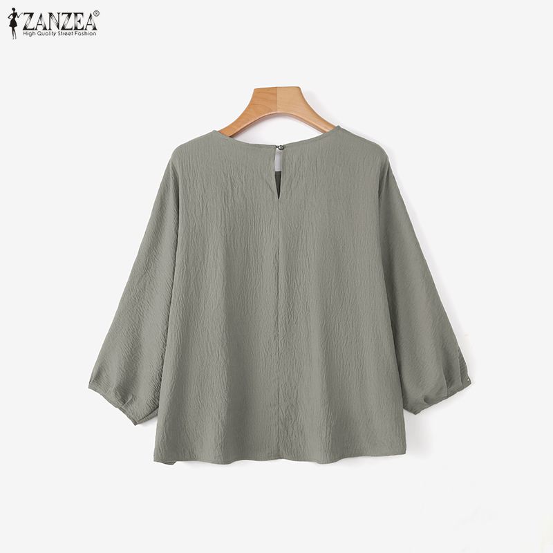 ZANZEA Women Casual Round Neck Solid Color 3/4 Sleeve Loose Blouse