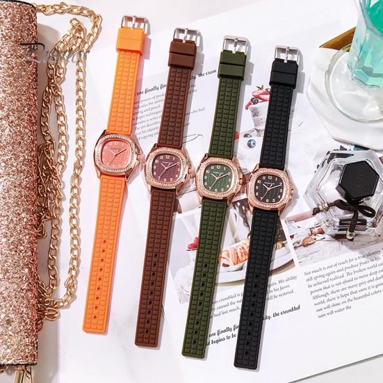 Square Dial Women Watch Casual Rhinestone Silicone Strap Quartz Movement Confidence-boosting Elegant Ladies Girls Dress Wristwatch Fashion Jewelry