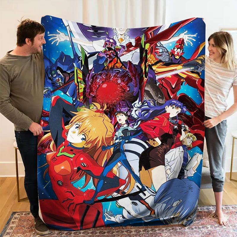 Neon Genesis Evangelion Group Anime Flannel Throw Blanket, Soft Blanket for Sofa Bed, Mecha Character Print Home Decor