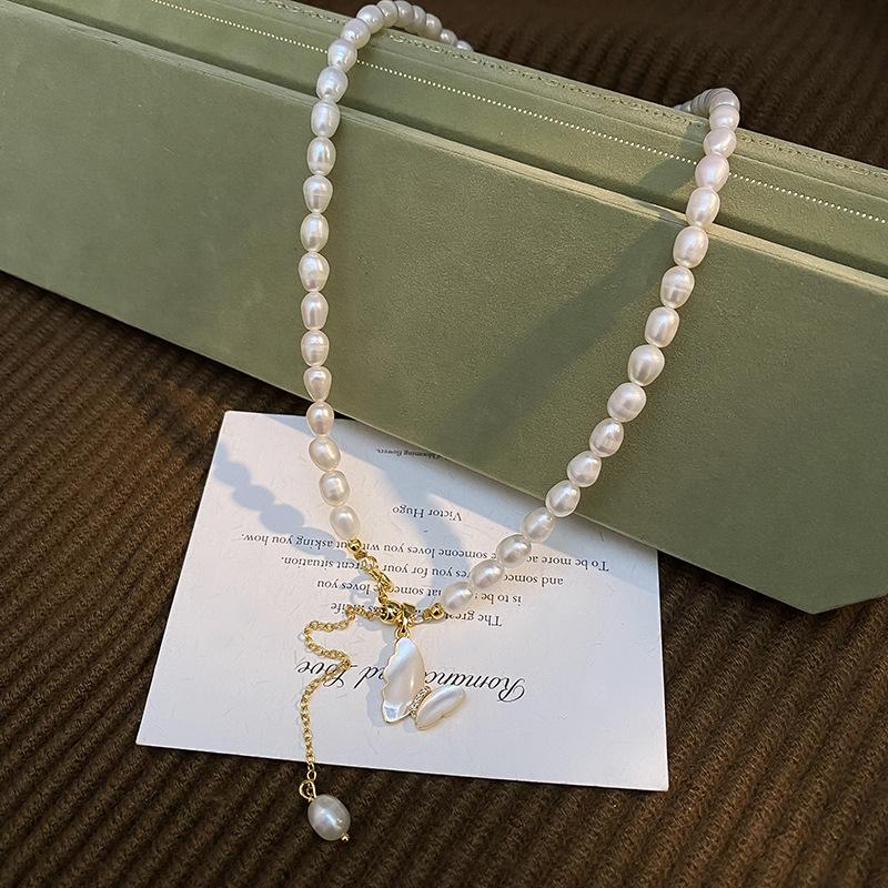 New Arrival Elegant Butterfly Pendant Natural Freshwater Pearl 14K Gold Filled Lady Necklace  Short Chain No Fade