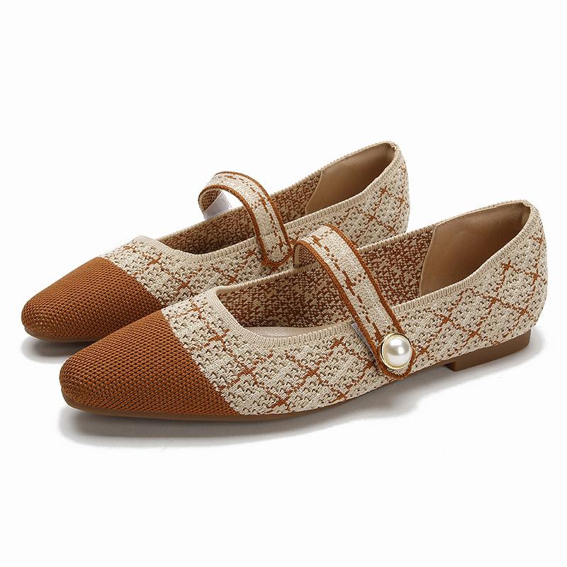 Mary Jane Einzelschuhe Damen Frühling und Sommer neu eckige Spitze flacher Ausschnitt flacher Boden gestrickt weichsohlig Fly-Knit Schuhe