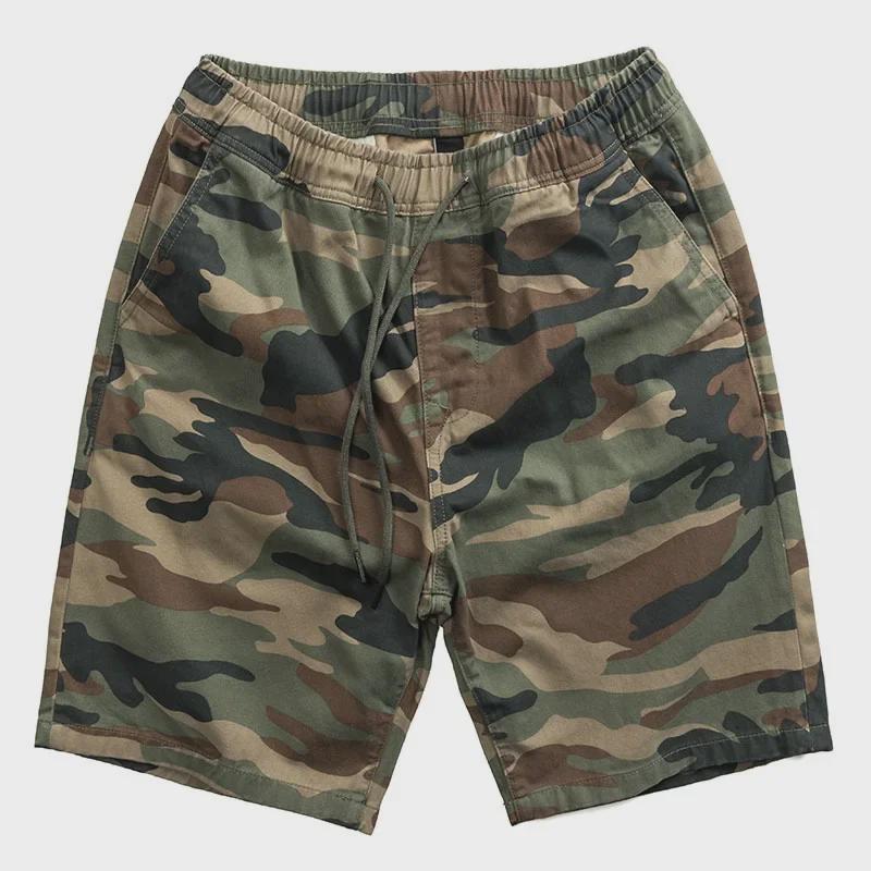 Shawn Yue Men's Loose Straight Camo Cotton Shorts - Elastic Waist, Casual Retro Design.
