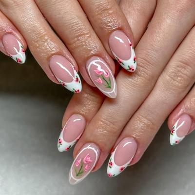 24 Stück Mandelform Aufdrücknägel Französische Spitze Acryl Falschnägel Glänzend Künstliche Nägel Blumen Aufklebenägel für Party