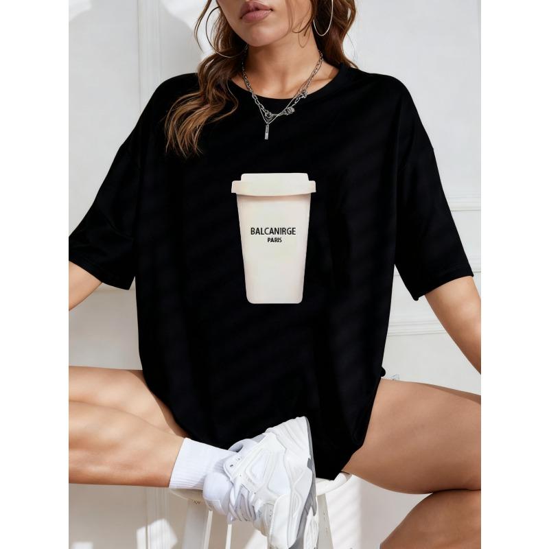 White Oversized T Shirt With Coffee Cup Print And Balcanirge Paris Text For Casual Wear