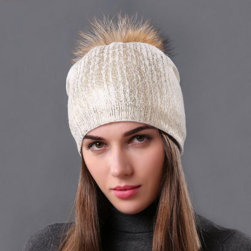 

Winter Warm Wool Knitted Hat Women s Ironing Gold Silver Women s Hat Raccoon Ball Fur Knitted Hat
