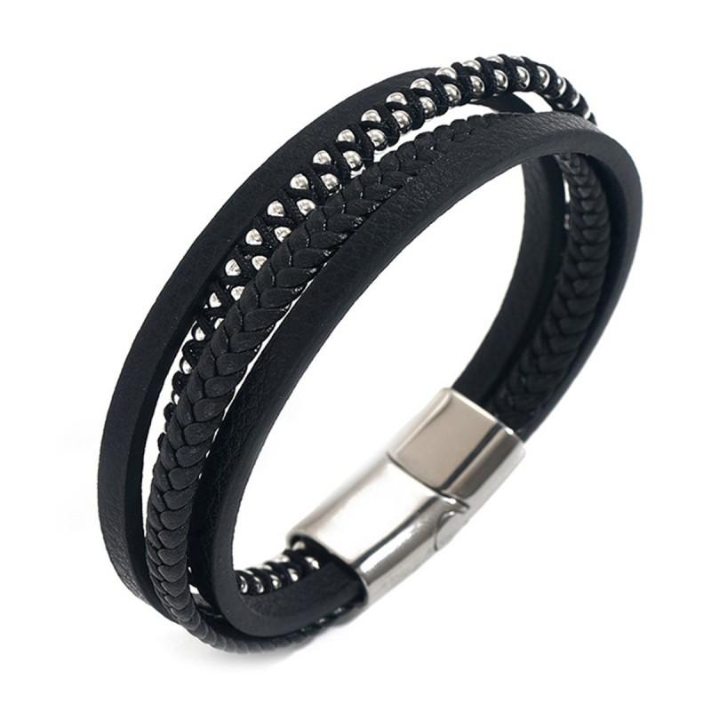 Stainless Steel European American Fashion Personality Simple Men s Bracelet Woven Leather Layered