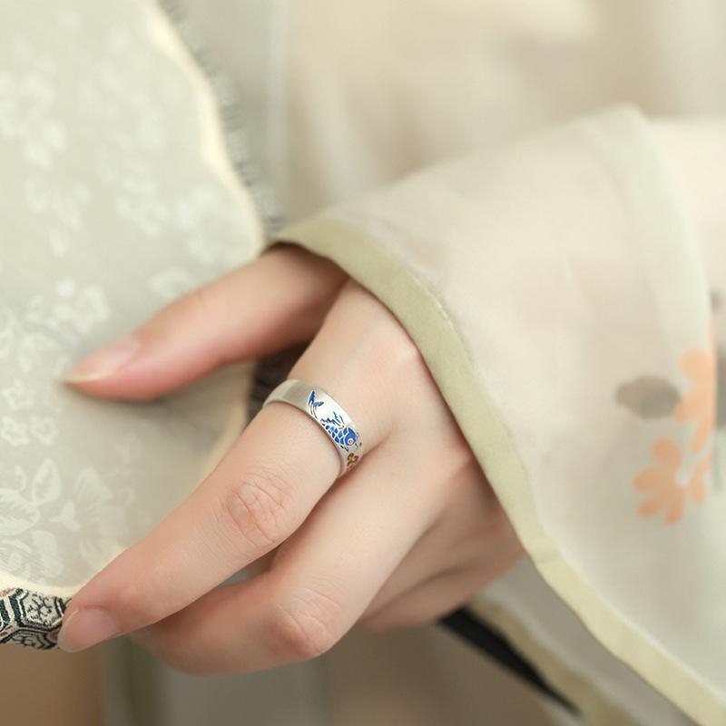 Viya Enamel Color Good Luck Koi Retro Ring National Style Cloisonne Auspicious Cloud Bottom Open Ring