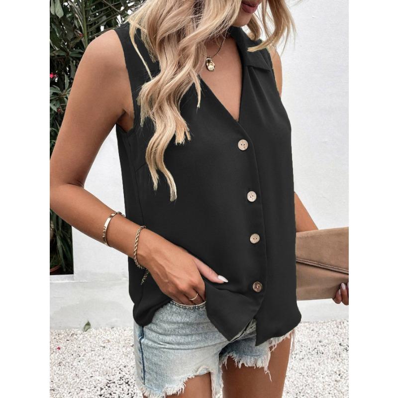 Women Summer New Style Solid Color V Neck Loose Chiffon Shirt Sleeveless Button Down Vest Blouse