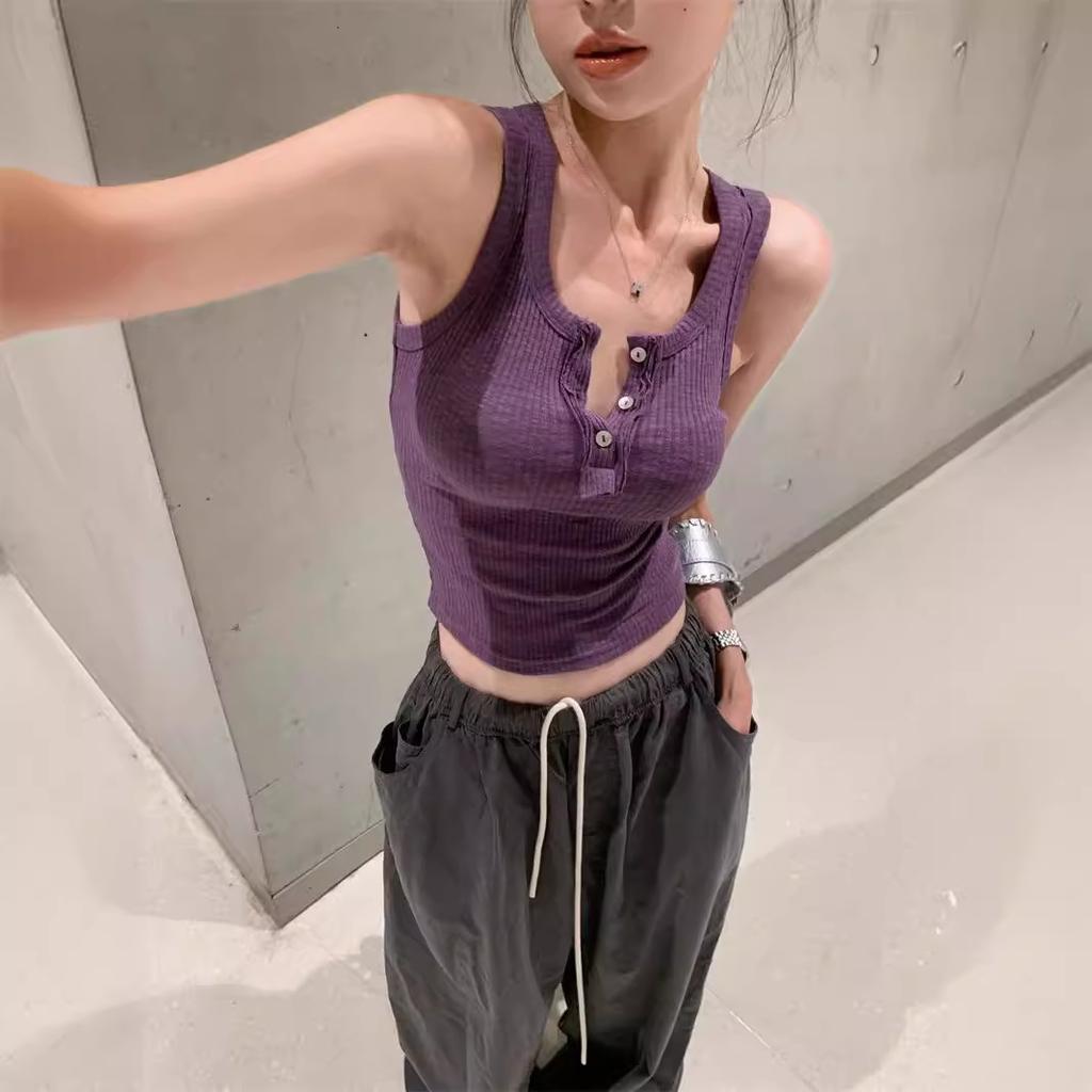 Summer Women's New YK American Retro Spice Girl Sexy European and American Style Button Collar Slim Sling Vest Top