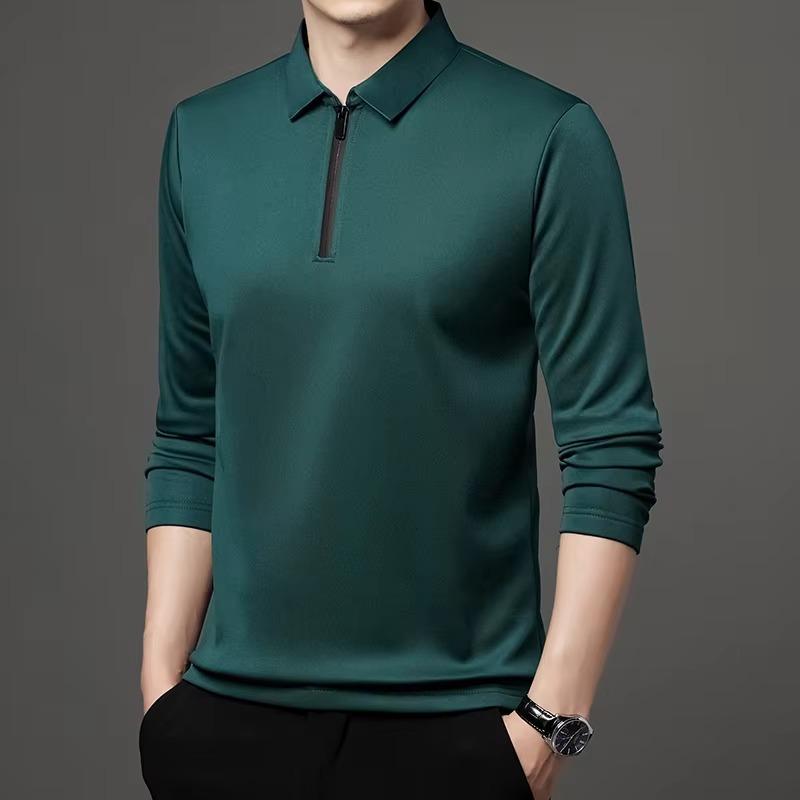 New T Shirt Zipper Polo Shirt Male Fashion Turn-Down Collar Long Sleeve Business Men Clothes