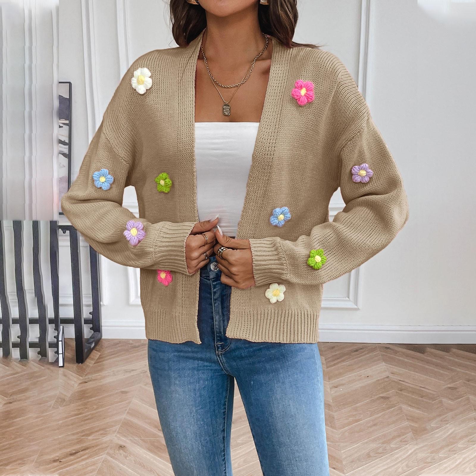 

Женская мода, вязаный крючком цветок, милый вязаный кардиган, свитер, куртка, женский ленивый стиль, повседневный свободный свитер XL бежевый