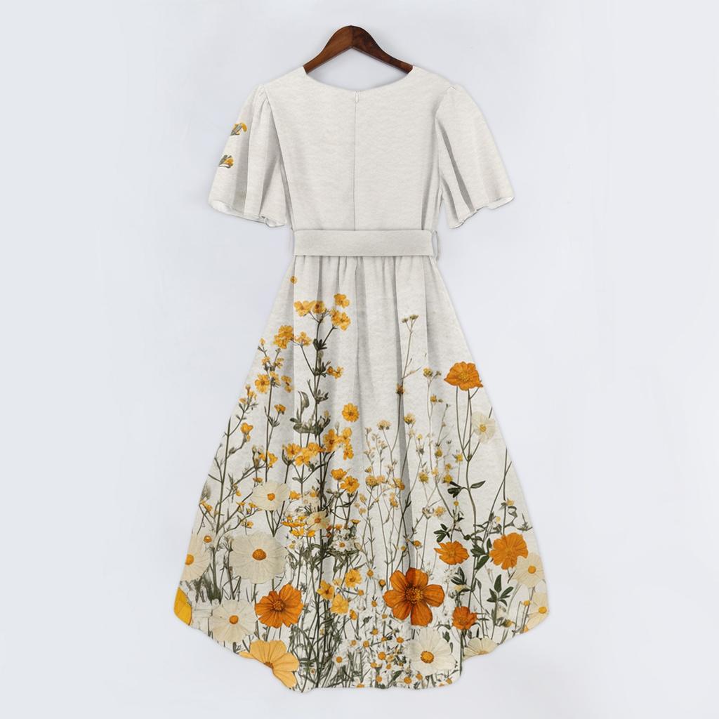 Women's Fashion Casual V Neck Short Sleeve Ruffled Vintage Printed Dresses