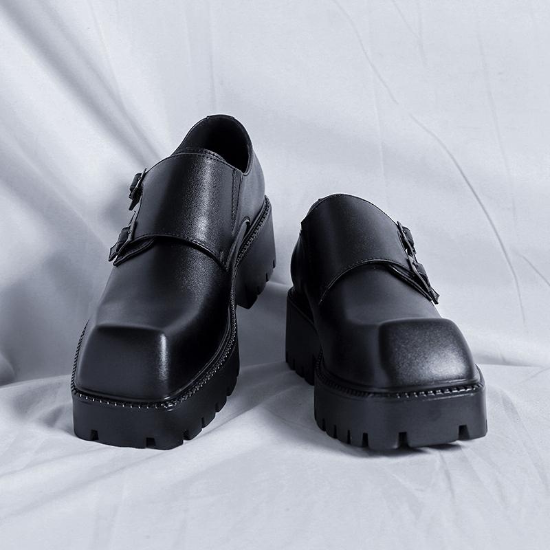Solid-Color Men's Casual Shoes Classic Square - Toed Buckle Design Height -Increasing Shoe Thick-Soled Anti-Slip Business Shoes