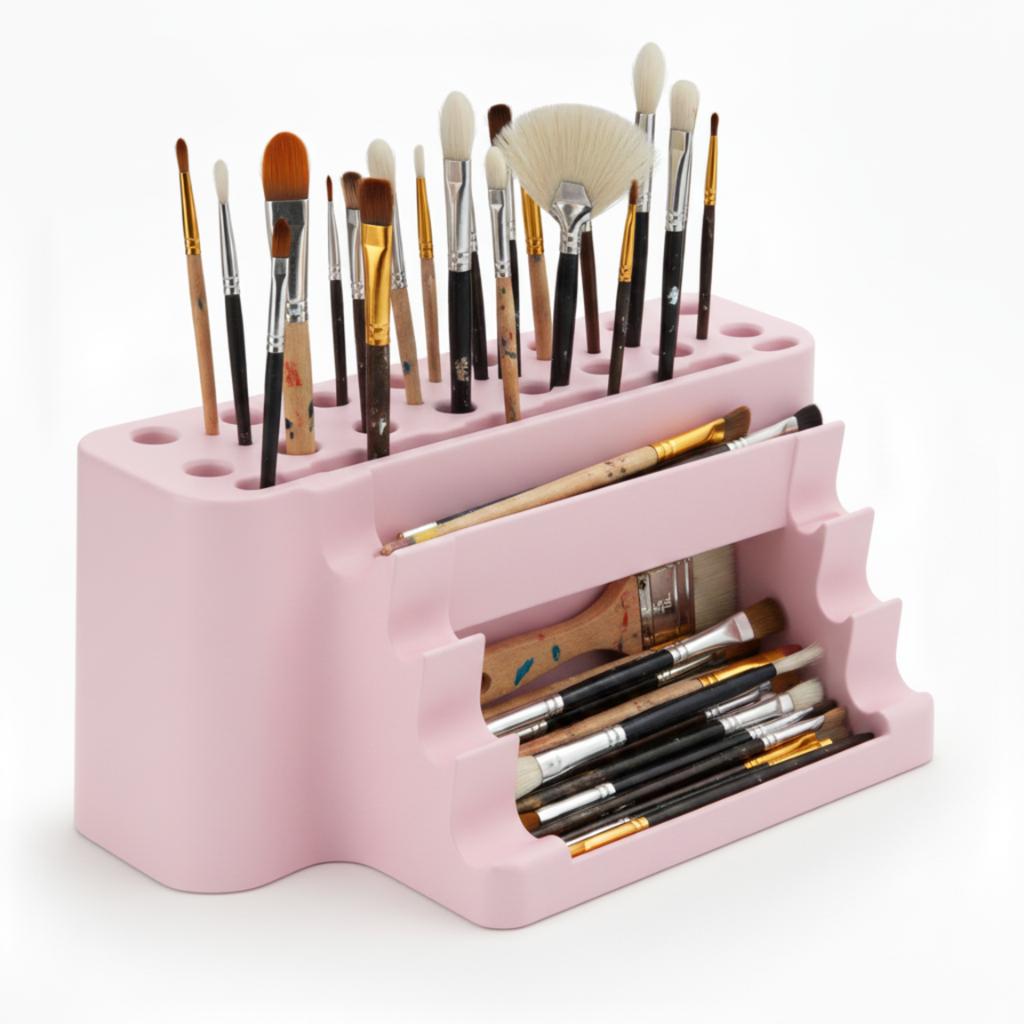 Paint brush organizer, pink stand with tray, 26 places