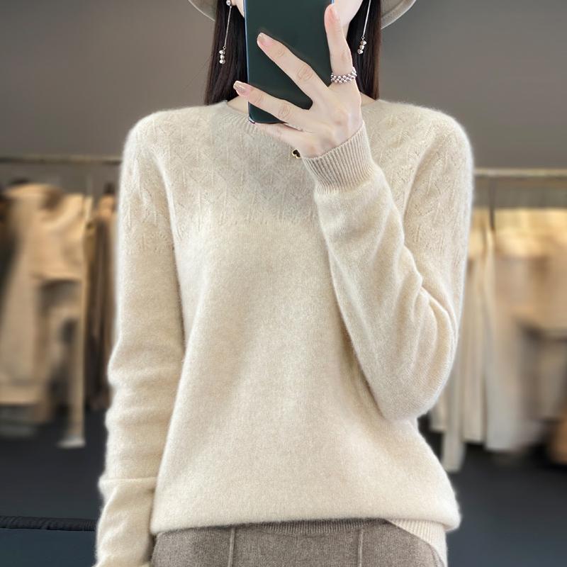 Women's Round Neck Sweater, Qinghe Cashmere, 30% Cashmere 70% Wool, Hollow Winter Knitted Pullover Autumn Sweater Cashmere Sweater