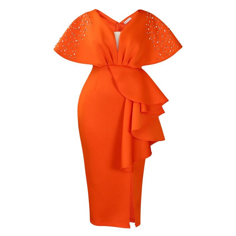 Summer Sexy V-Neck Lotus Leaf Split Bead Party Dress Celebrity Temperament Banquet Dress