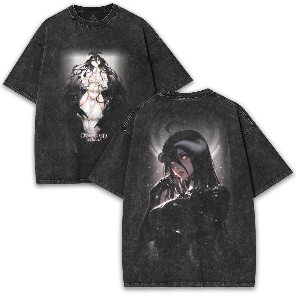 Albedo Overlord Men's Anime Gothic Y2K Washed Loose Summer Short Sleeve Harajuku Style T-Shirt
