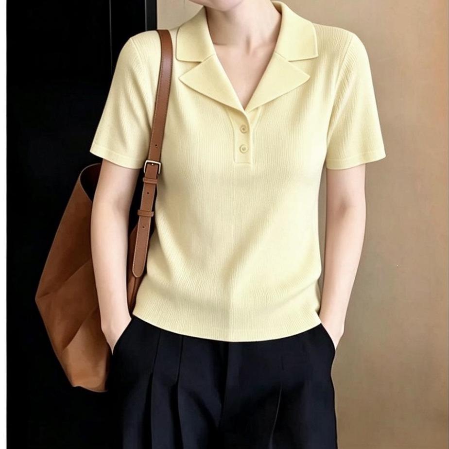 2026 French Style Women's Slimming Tencel Short Sleeve Knit Lapel Top