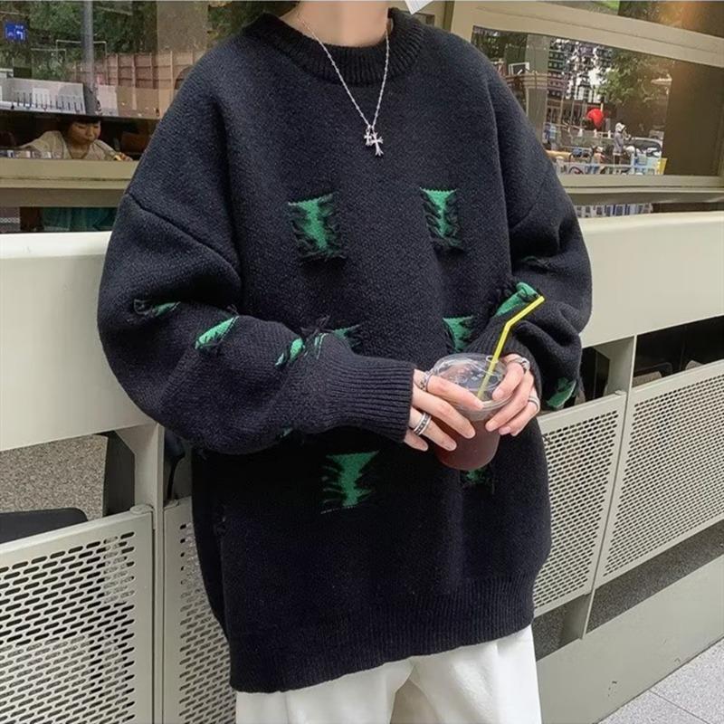 

Пуловер свитер для мужчин на осень и зиму японский ретро ленивый стиль Гонконг дизайн нишевый пэчворк дырчатый свитер для мужчин 2XL