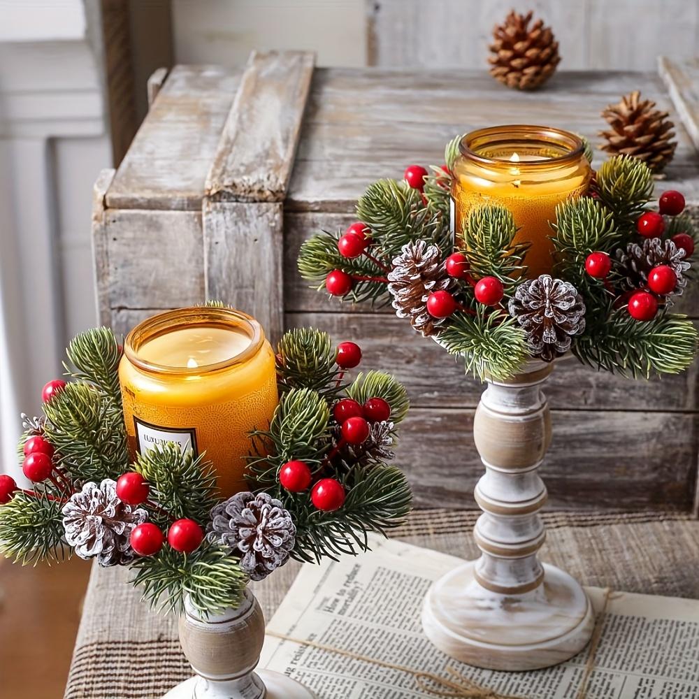 2pcs Artificial Pine Cones and Berry Candle Rings, Pine Needles, Christmas Themed Desktop Decoration Flower Garland Pendant