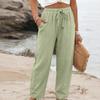Women's Summer Wide Leg Pants, Elastic Waist Color Loose Fit Cotton Linen Trousers, Casual Long Pants