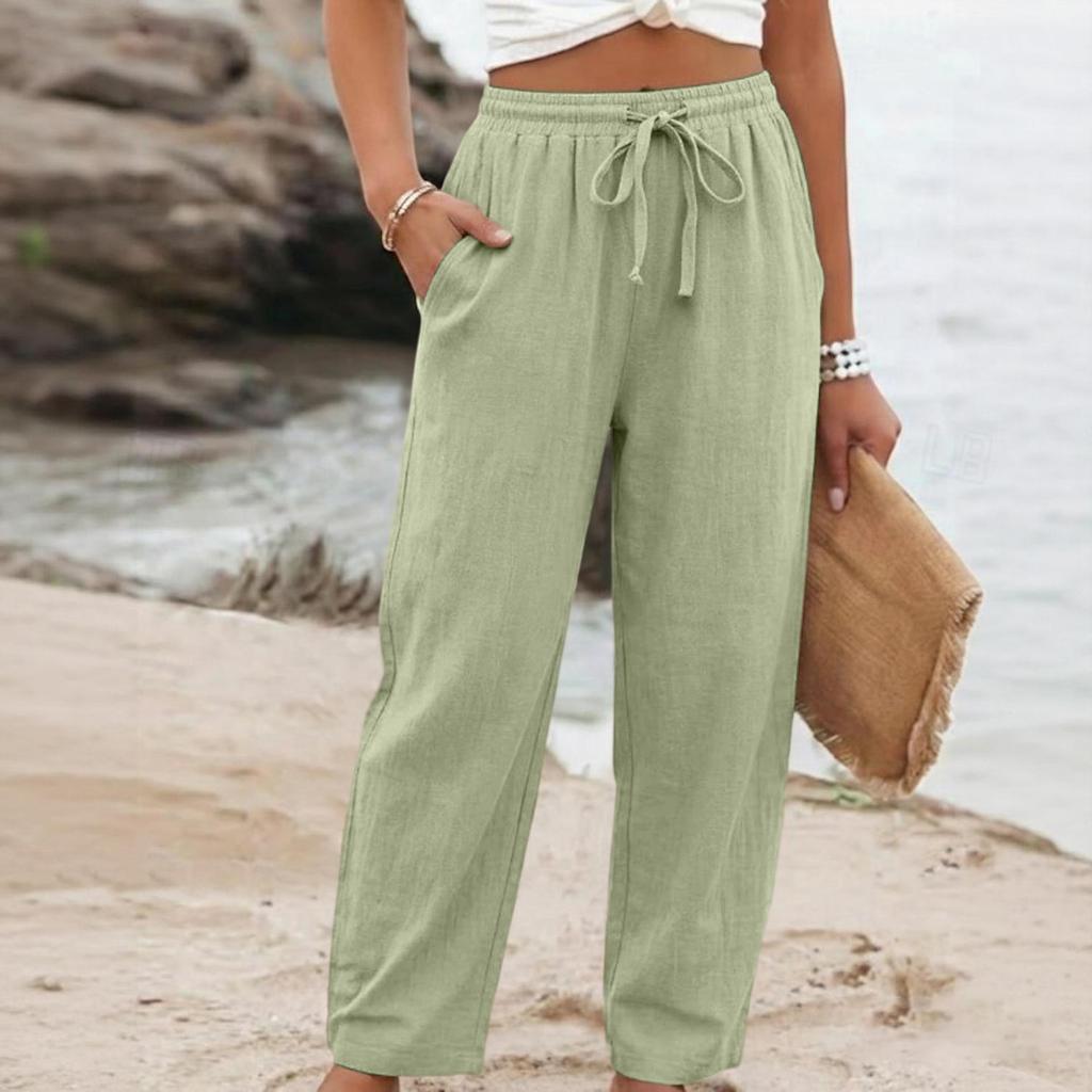 Women's Summer Wide Leg Pants, Elastic Waist Color Loose Fit Cotton Linen Trousers, Casual Long Pants