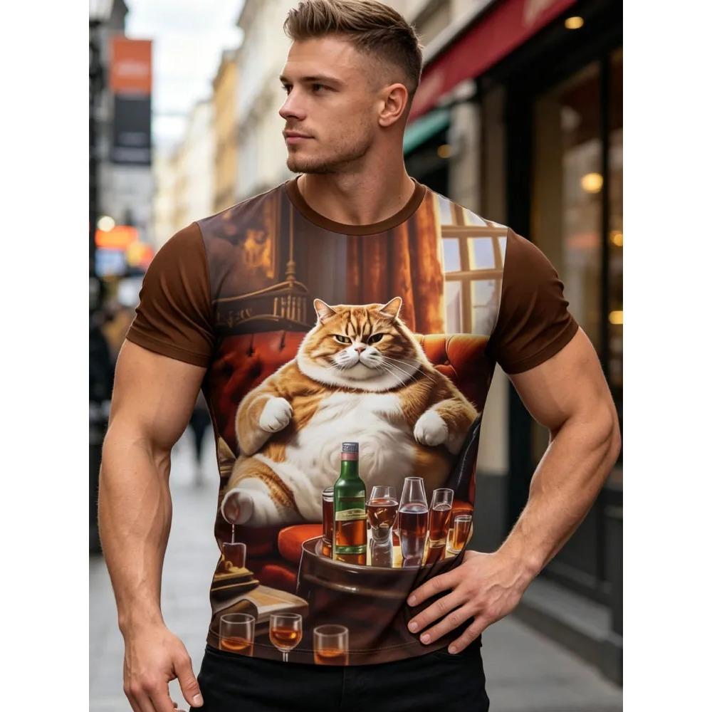 Summer Fashion Men's Fun Cat 3D Printed T-shirt Comfortable Soft Breathable Loose Large Casual Sports Versatile Short Sleeve T-shirt