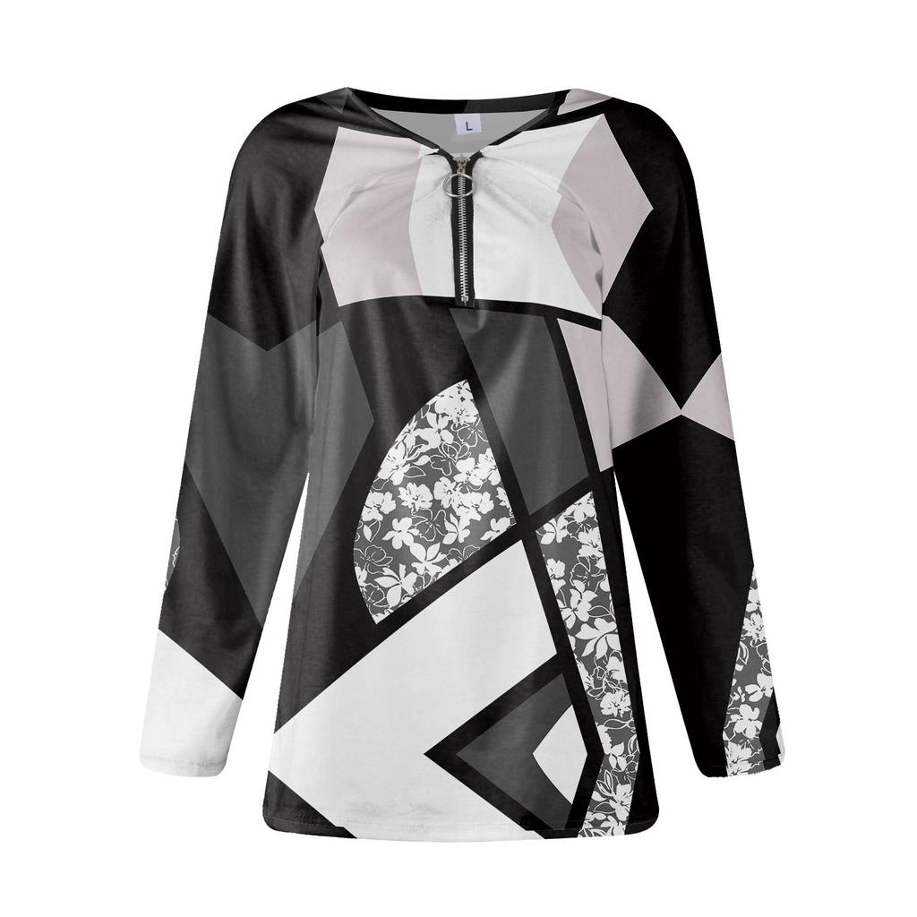Women's Fashion Casual Zipper V- Neck Irregular Striped Geometric Print Long Sleeve Jacket