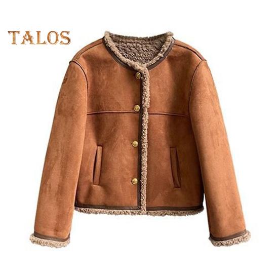 Wintermantel für Damen, dicker Plüsch, kurzer Typ, Rundhalsausschnitt, reine Farbe, einreihig, locker, hält warm, tägliche Schulpendeljacke