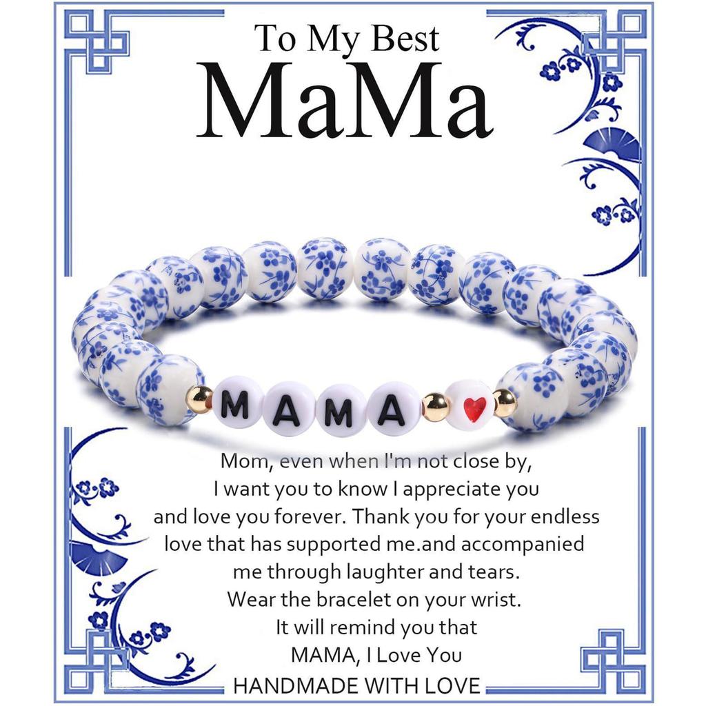 GIGI NANA Blue & White Porcelain Beaded Bracelet - Ethnic Style Elastic Birthday Gift