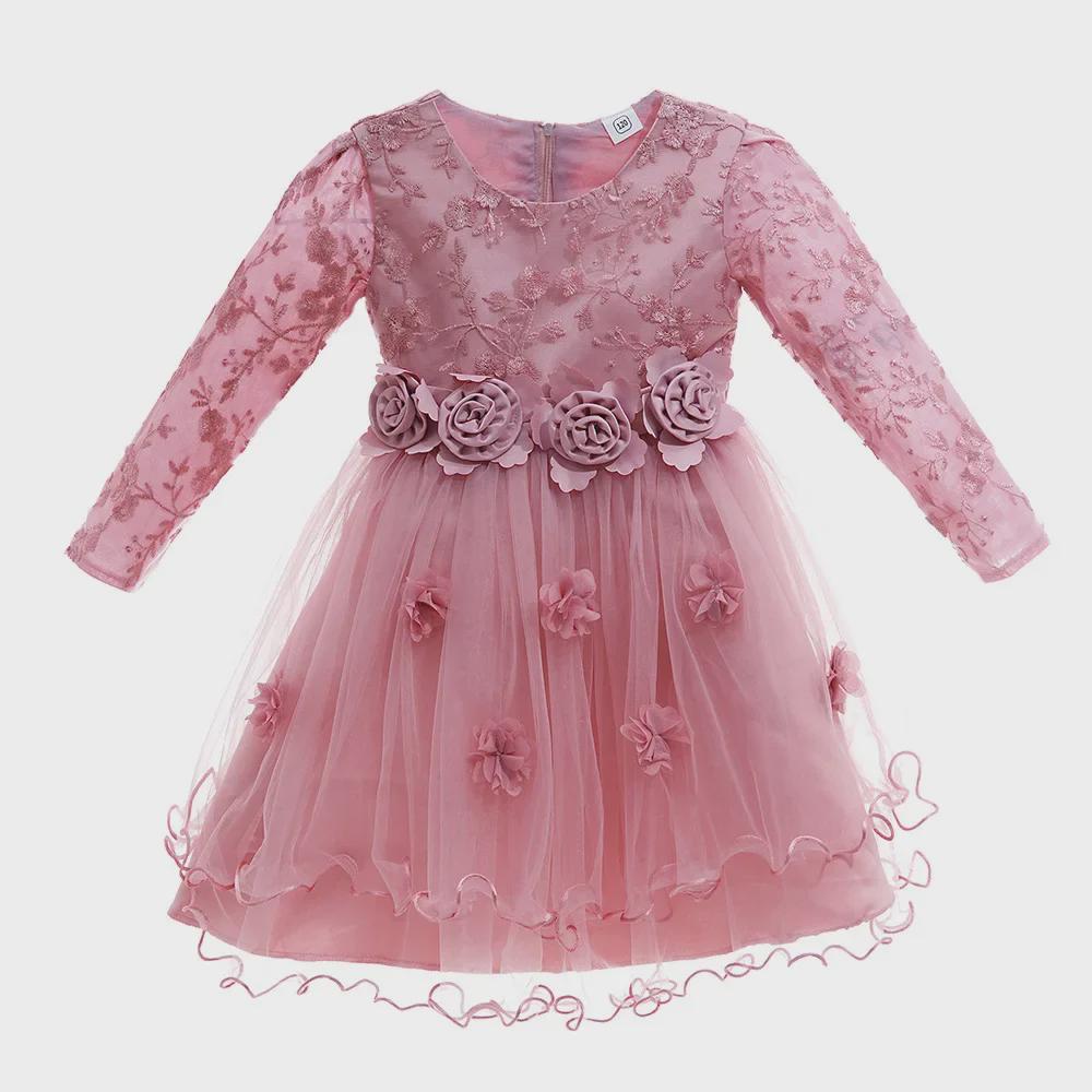 Cross-Border Long-Sleeve Flower Girl Princess Dress with Fluffy Tulle Skirt - Wedding and Performance Children's Costume