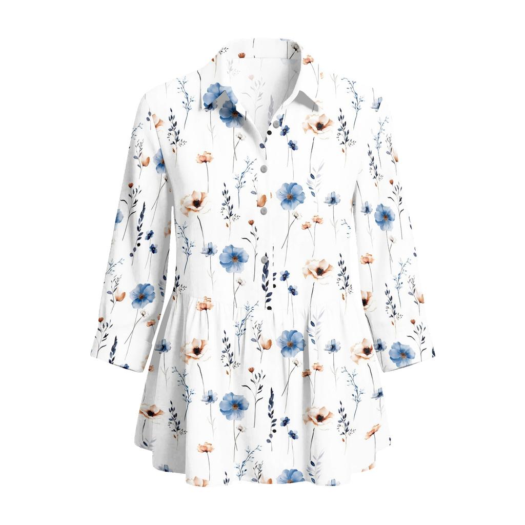 Camicetta da Donna a Bottoni con Collo, Vestibilità Larga, Stampa Floreale Vintage, Manica a Tre Quarti, Top Casual per Uso Quotidiano