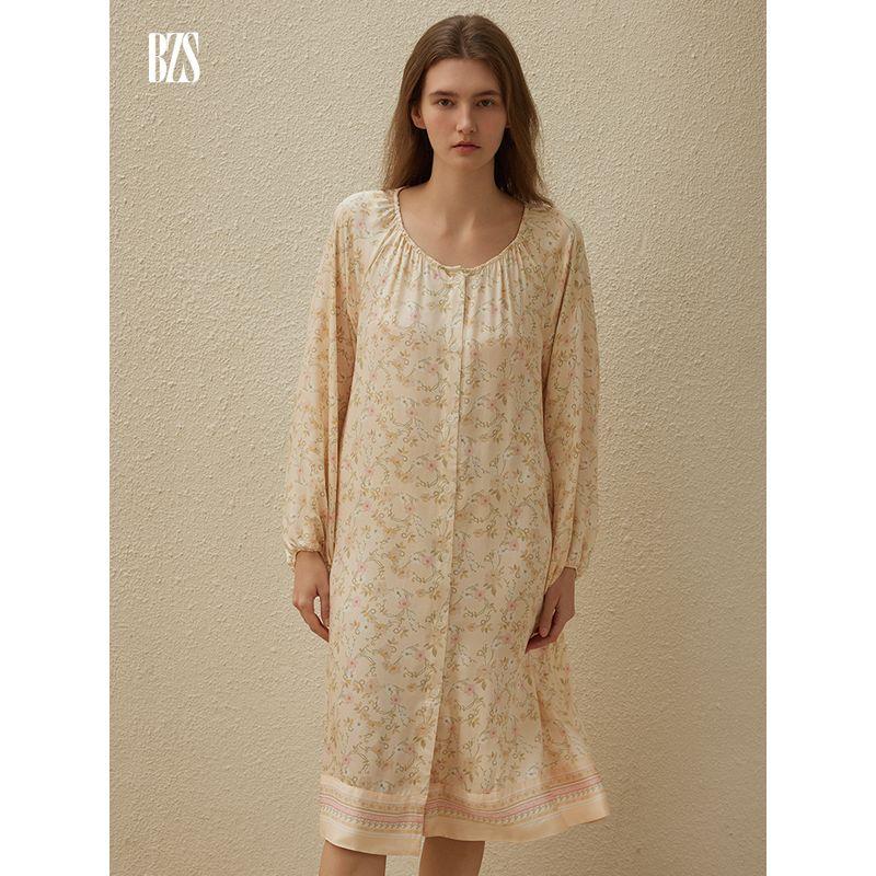 2024 Rayon Satin Long Sleeves Cardigan over the Knee Nightdress Robe Pastoral Print Korean Pajamas plus Size Homewear