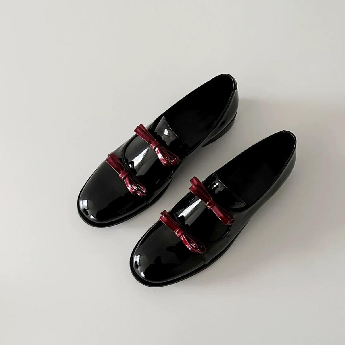 

Версия из коровьей кожи~ ретро тупой носок глубокий вырез двойной бант лоферы женские осень и зима толстый каблук универсальные маленькие кожаные туфли одинарные туфли 40 красный