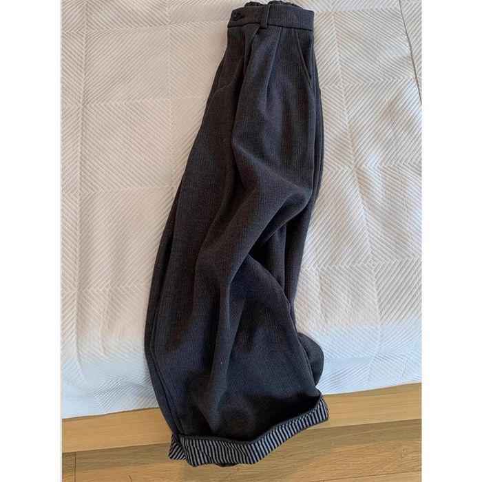 

Women s Dark Gray Velvet-Lined Wool Straight-Leg High-Waist Slim Pants, Plus Size, Rolled Hem - Ideal for Pear-Shaped Body, Autumn/Winter Collection. XL