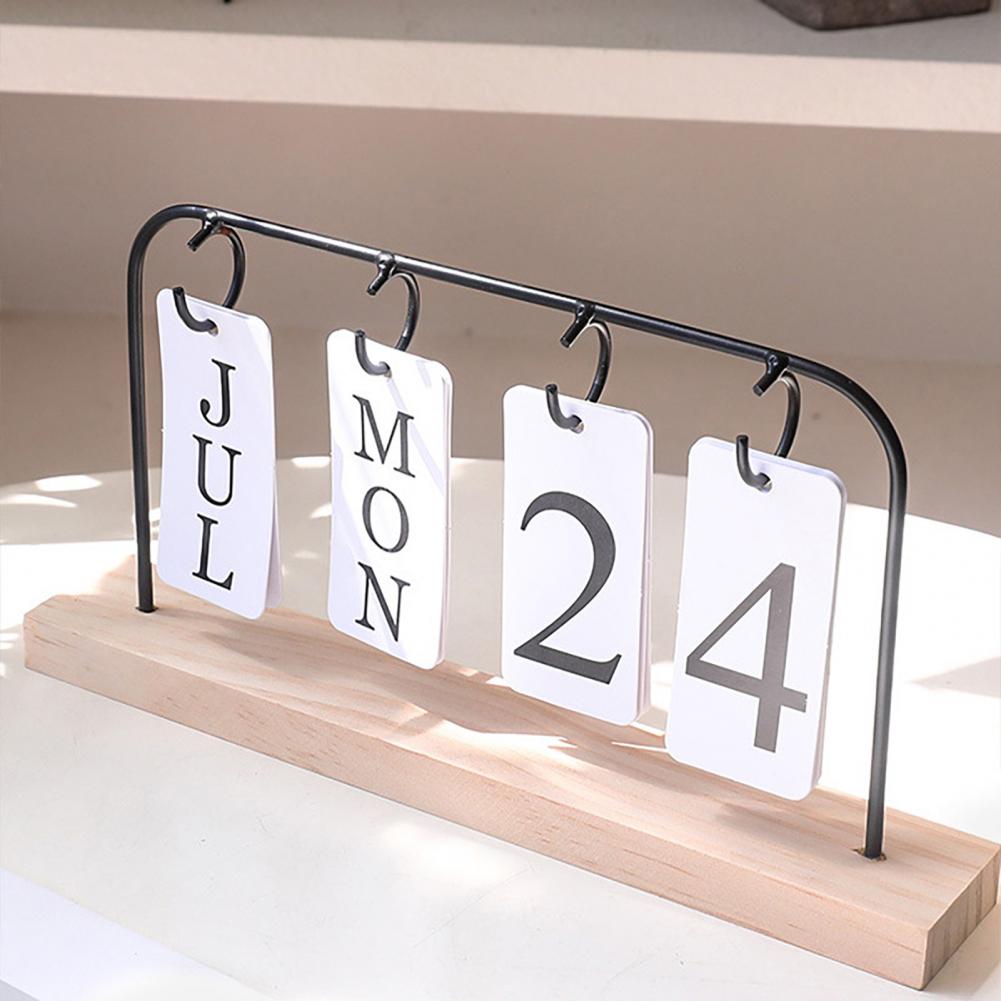 Metal Flip Calendar with Wooden Base Daily Perpetual Desk Calendar Turn Page Month Date Display Standing Desktop Planner