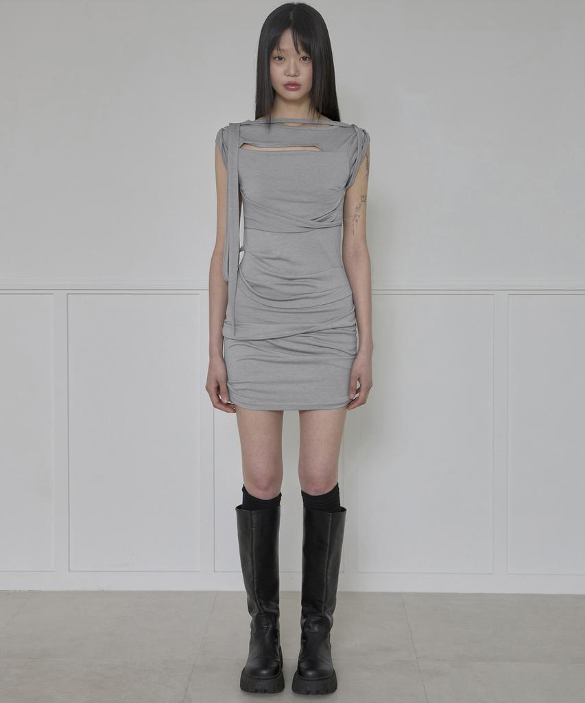 Peulleeoeob Asymmetrical Draped Strap Roll-Up Dress (Fl-171_Gray)