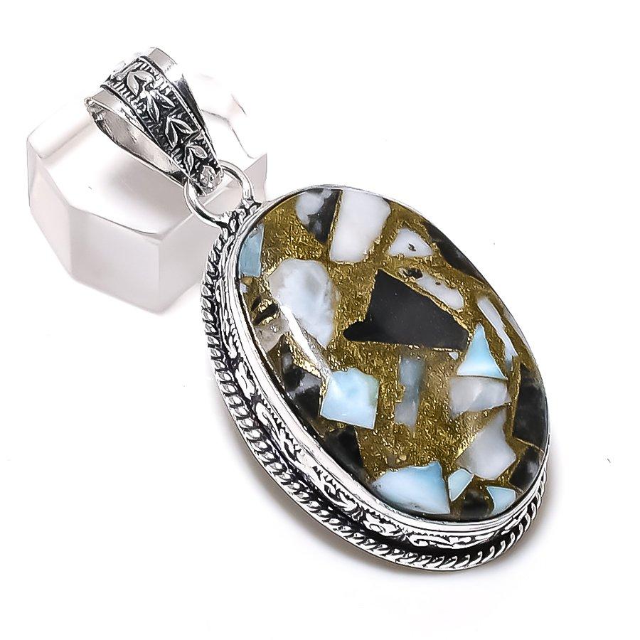 Natural Copper Larimar Gemstone 925 Steling Silver Jewelry Pendant 2.21" V4r44