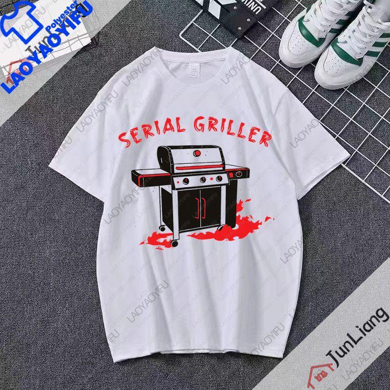 Serial Griller Lustiges BBQ Grafik T-Shirt Retro Grill-Liebhaber Streetwear Tee Grillen für Unisex Damen Sommer Kurzarm-T-Shirt