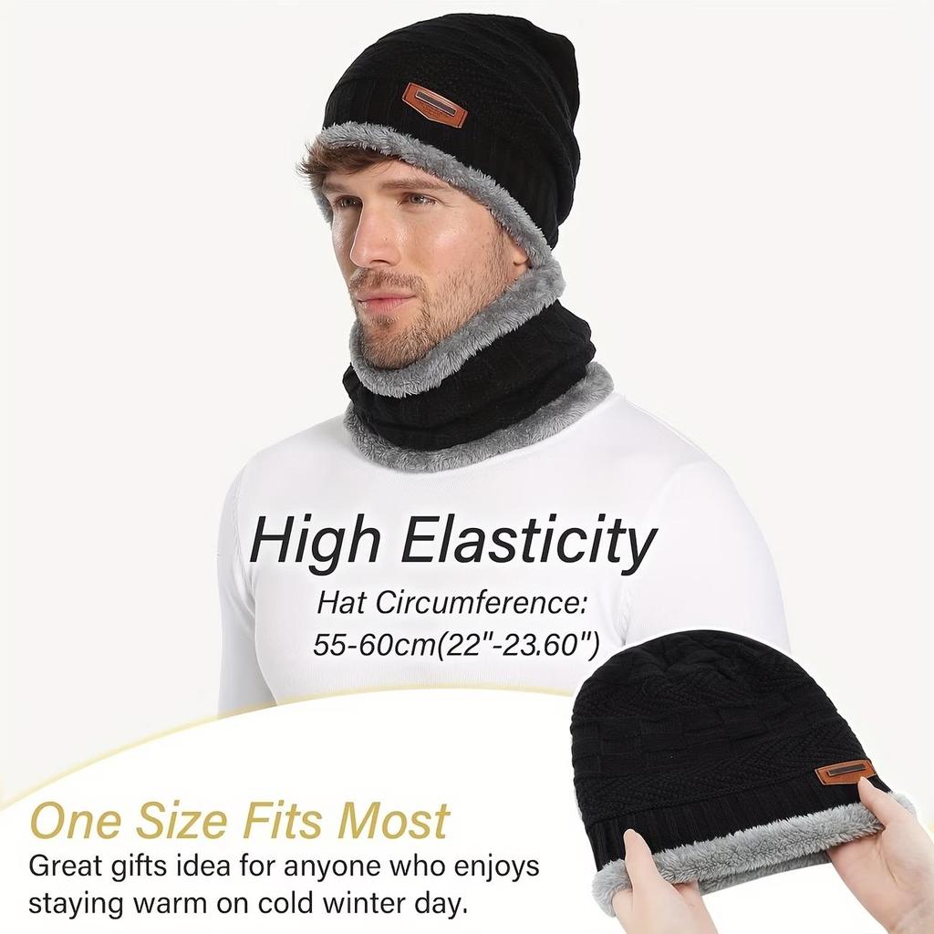 Winter Fleece Lined Beanie Hat and Scarf Set, Thick Warm Knitted Hat and Neck Warmer for Men and Women, Windproof Cold Weather Accessories