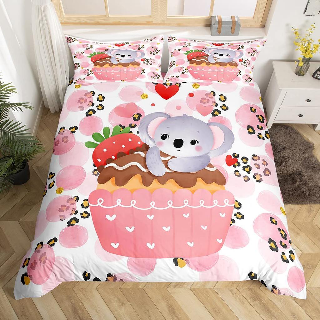 Cartoon Koala Kids Bedspread Cover, Lovely Koala Comforter Cover For Children Toddler Nursery Charming Bear Quilt Cover With Pillowcase