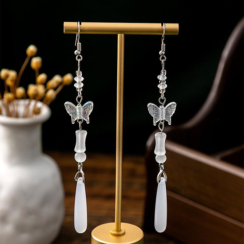 BLINGBAY Women's New Chinese Style Imitation Pearl Earrings Chinese Style Butterfly Drop-shaped Tassel Earrings Simple Hanfu Accessories Retro Jewelry