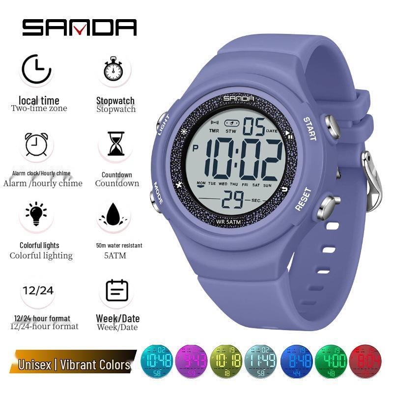 Sanda Multi-Function Waterproof Sport Watch with Alarm & Seven-Color Luminous Display