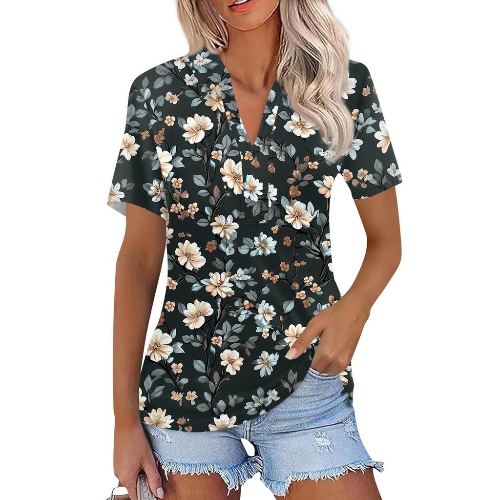 Moda Donna Casual Risvolto Manica Corta Stampa Camicia Top da Donna con Scollo a V