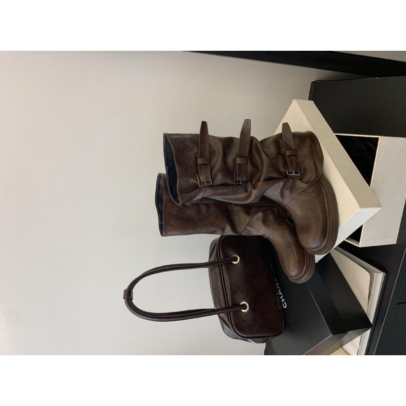 

2025 new retro belt buckle western cowboy wasteland style thick heel trouser tube boots knight boots 40 темно-коричневого