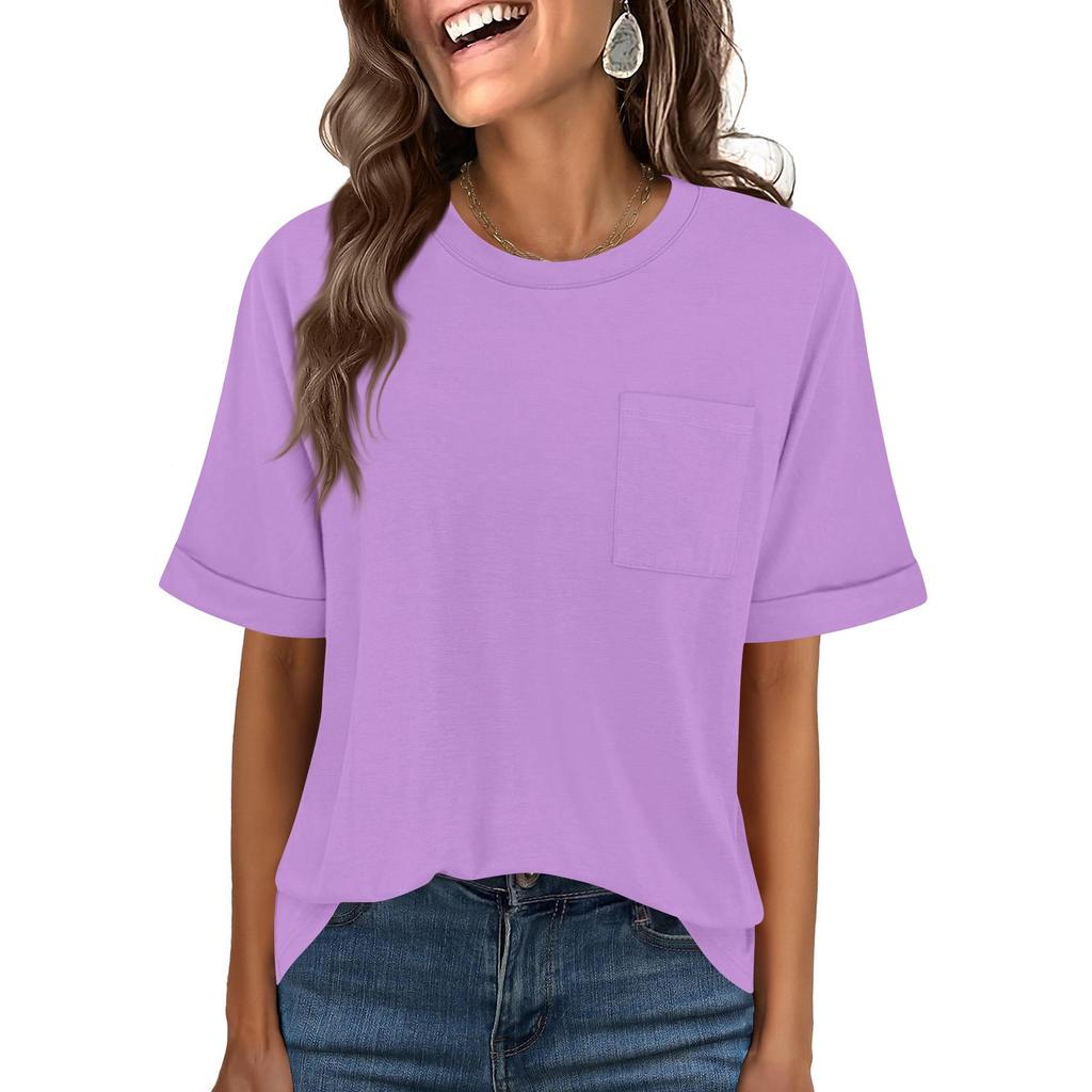 Women Oversized T Shirts Short Sleeve Summer Casual Loose Crewneck Basic Tee with Front Pocket Top