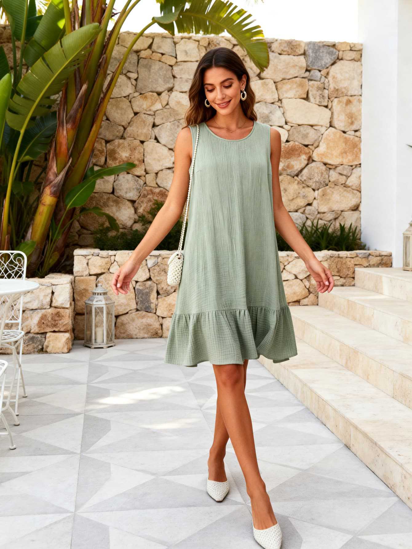 

Large size women s clothing summer new sleeveless dress loose and thin ruffle edge vacation vest skirt 4XL світло-зелений колір